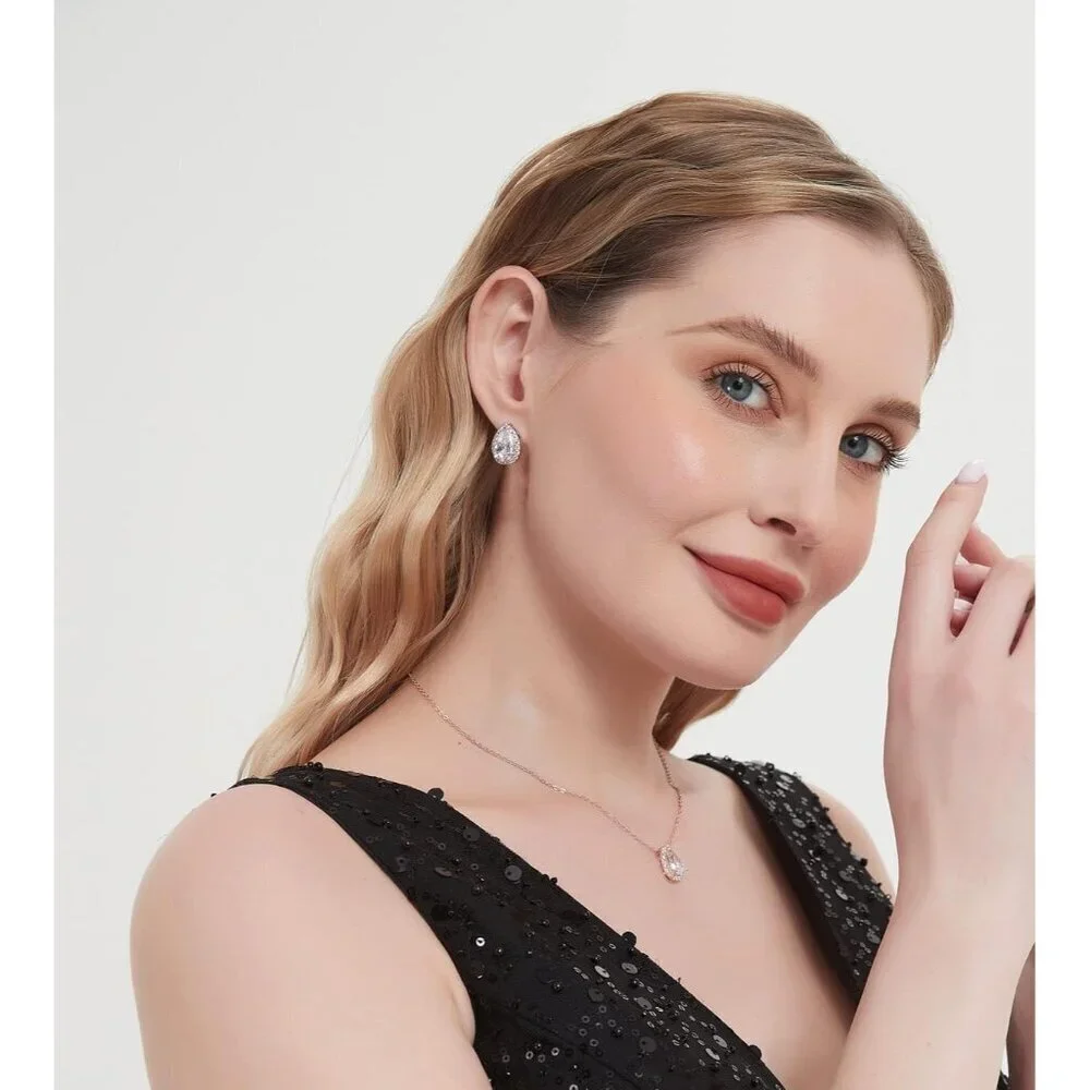 Jewelry Set Cubic Zirconia Teardrop Earrings Necklace Bracelet Bridal Wedding